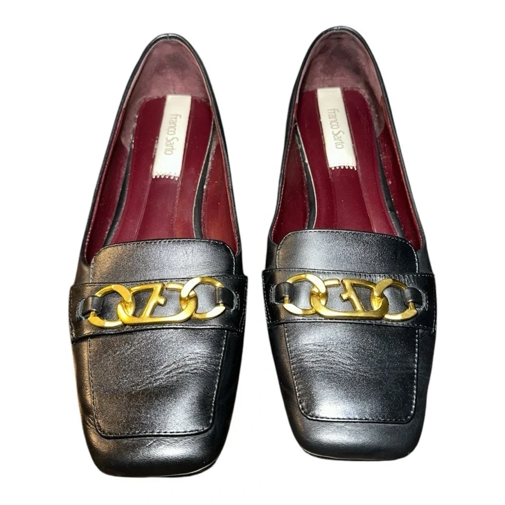 Franco Sarto women’s Tiari Elegant Black slip onLoafers w/ Gold Accent sz 8.5M